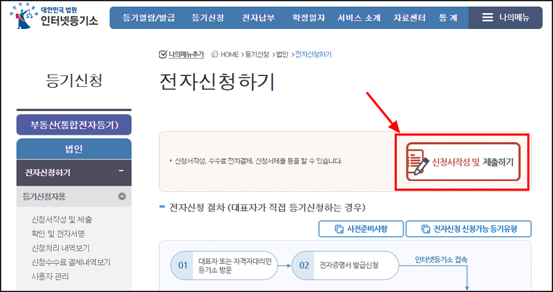 인터넷 등기소 신청서작성 및 제출하기 선택