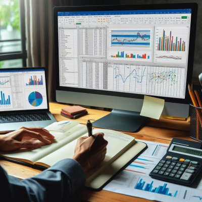 여러 차트와 데이터를 작업 중인 사무실의 장면입니다.