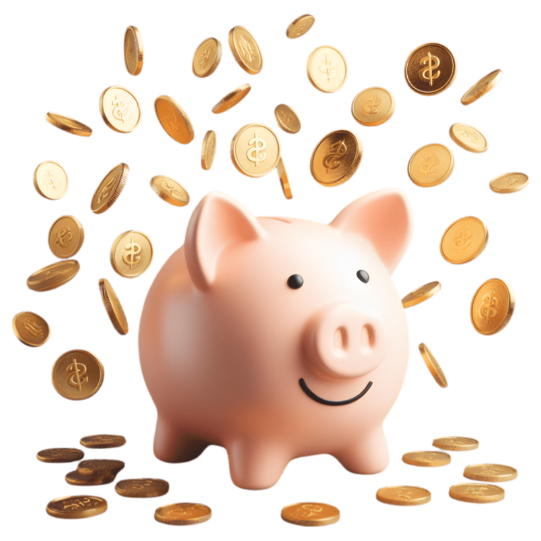 웃고이쓴 돼지 저금통 주위로 동전들이 잔뜩 있다.