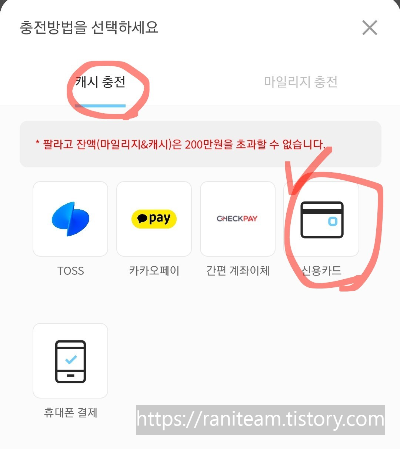 캐시 충전 메뉴화면