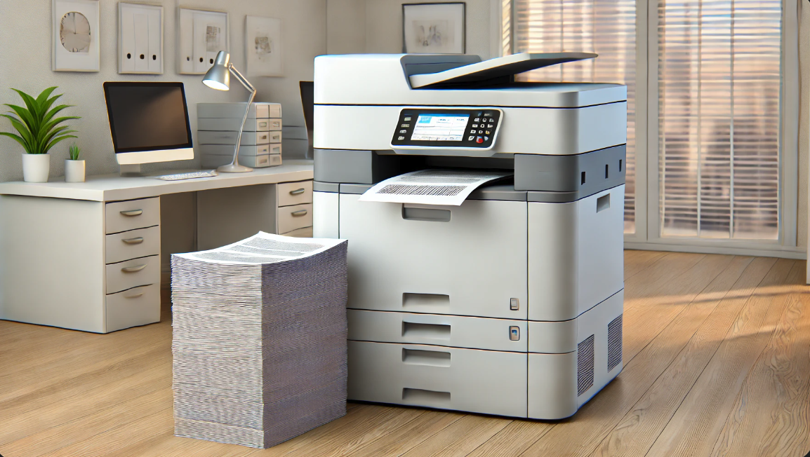 사무실 환경에서 프로페셔널 프린터 옆에 여백 없이 인쇄된 문서가 쌓여 있는 사실적인 이미지