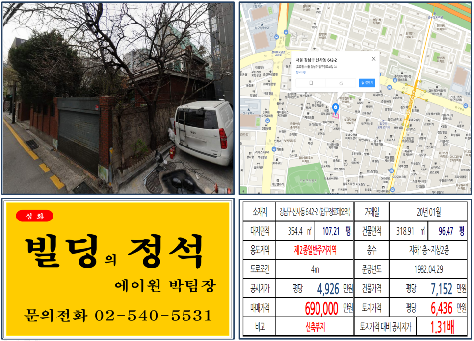  [강남구 압구정로데오 신축부지 실거래가 조회] 신사동 642-2 (압구정로데오역) 69억 원, 평당 6,436만 원, 압구정 한양아파트, 압구정