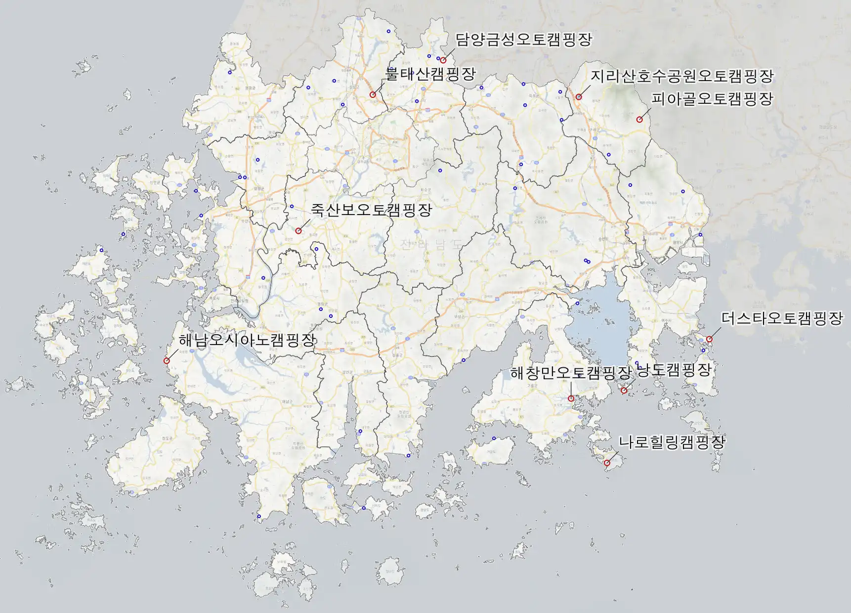 전남 캠핑장 위치도