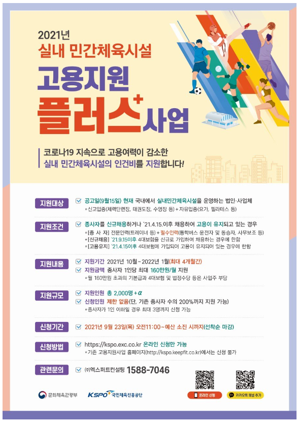  실내체육시설 2천 명 추가 고용 지원(문화체육관광부)