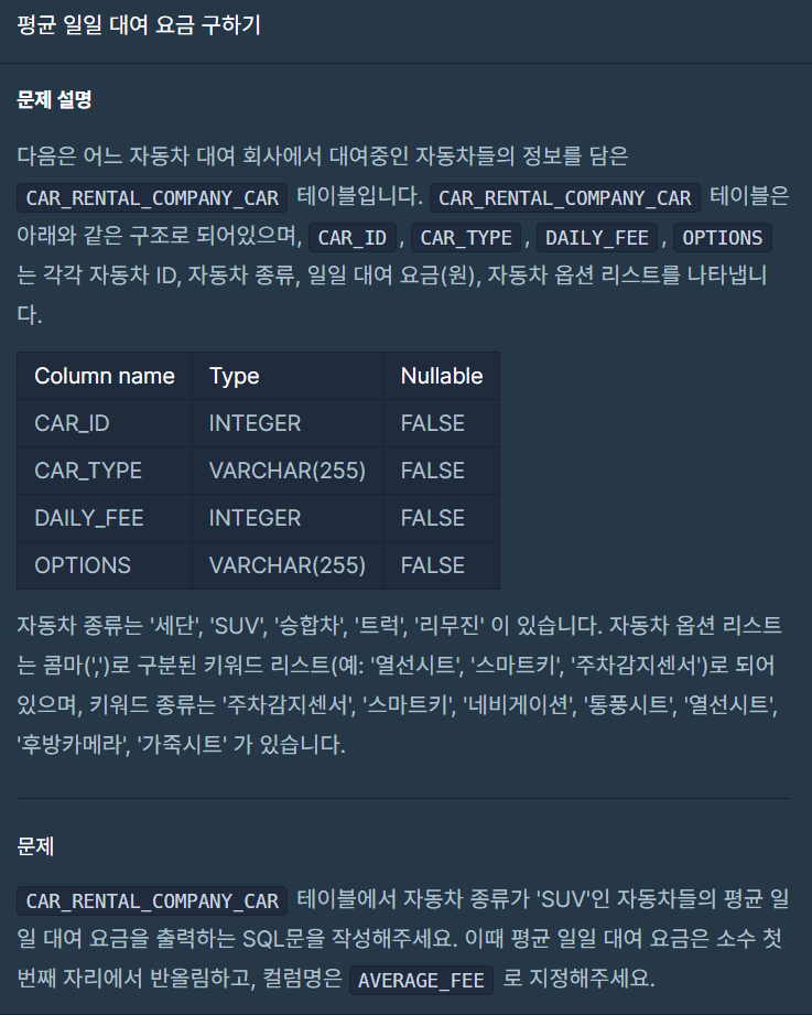  SQL) 평균 일일 대여 요금 구하기 - Oracle