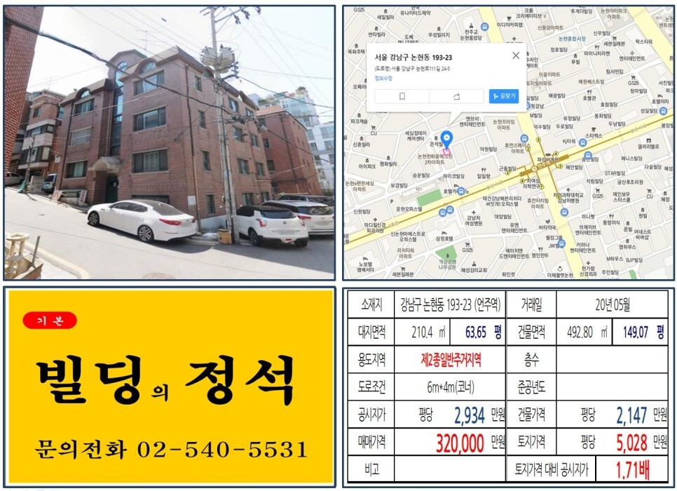  [강남구 봉은사로 30억 코너 신축부지 실거래가 조회] 논현동 193-23 (언주역) 32억 원, 평당 5,028만 원 매매되었습니다.