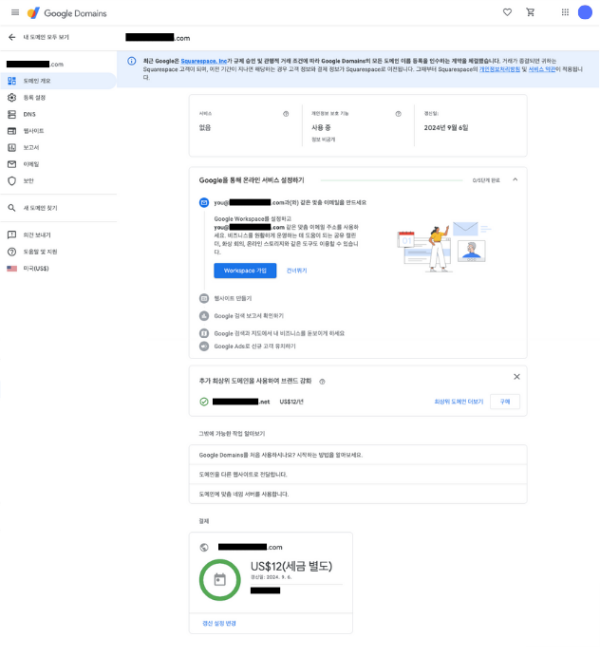 구글 도메인 도메인 구매 후 도메인 정보 확인 화면