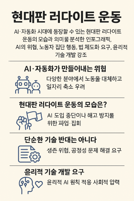 AI·자동화 시대에 등장할 수 있는 현대판 러다이트 운동의 형태와 의미를 분석하며 노동자와 사회의 공존 방안을 모색합니다.