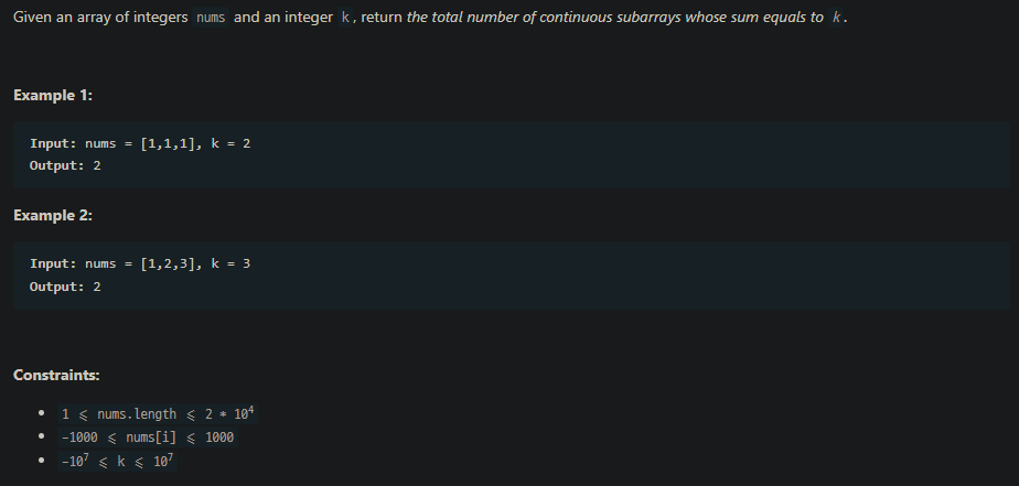 [LeetCode] 560. Subarray Sum Equals K :: 개발하다 끄적끄적