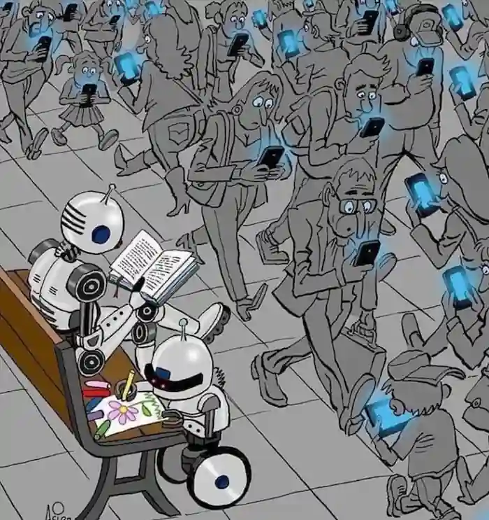 그림 8. 로봇은 진화 중&#44; 인간은 퇴화 중이라는 삽화