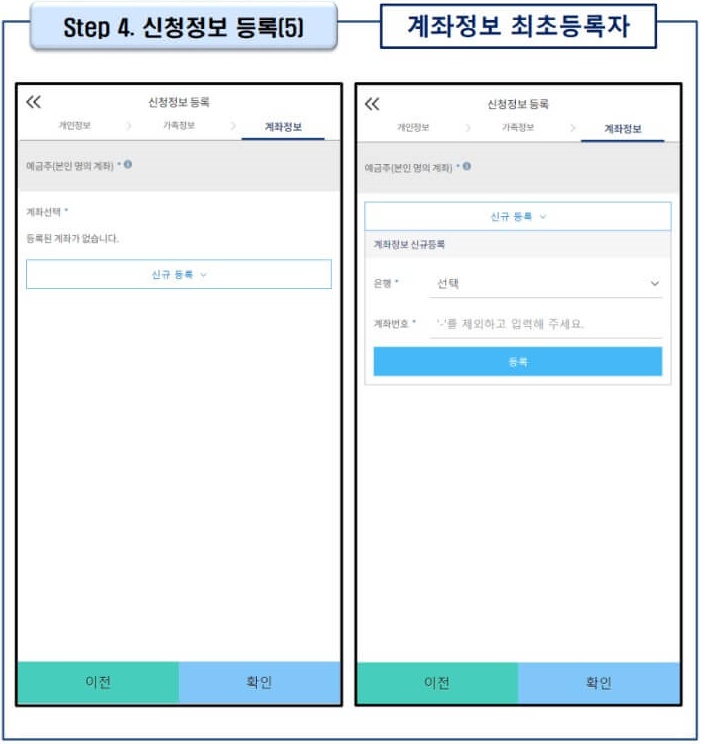 11. 지급받을 계좌정보를 입력해 주세요. 계좌정보를 처음 등록하시는분께서는 아래 사진과 같이 화면이 생성됩니다. 신규 등록 버튼을 통해 지급 받을 계좌정보를 입력해주시면 됩니다.