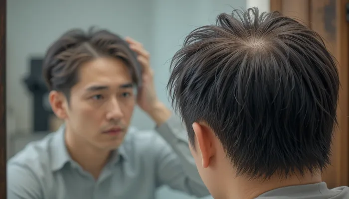 거울 앞에서 탈모를 확인하는 중년 남성