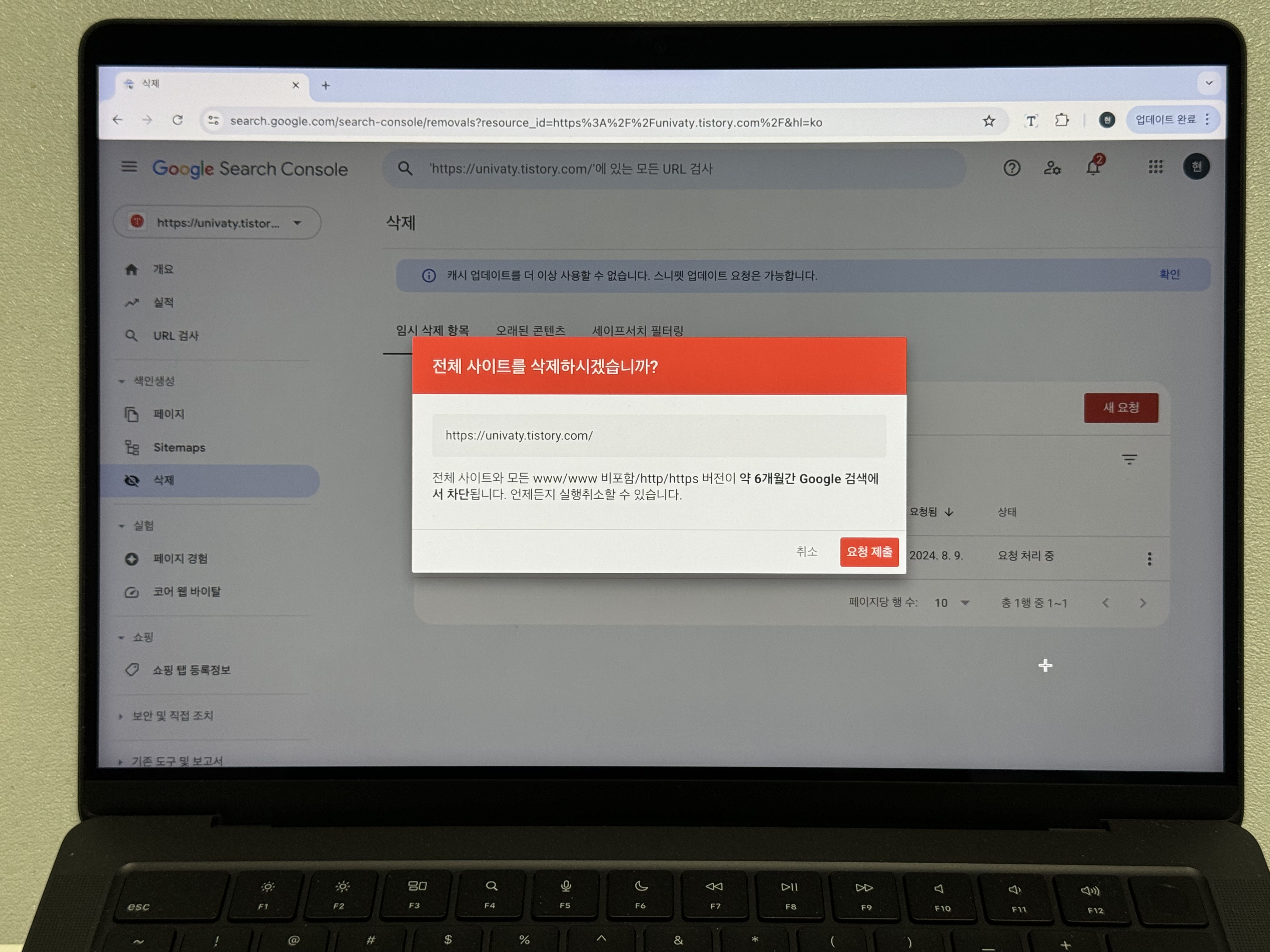 구글 서치콘솔 일시적으로 사이트 URL 삭제 요청 제출 알럿 사진
