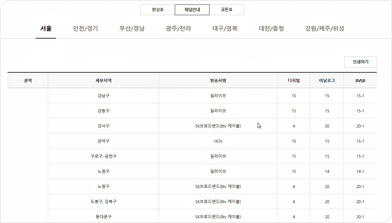 JTBC 채널번호 안내