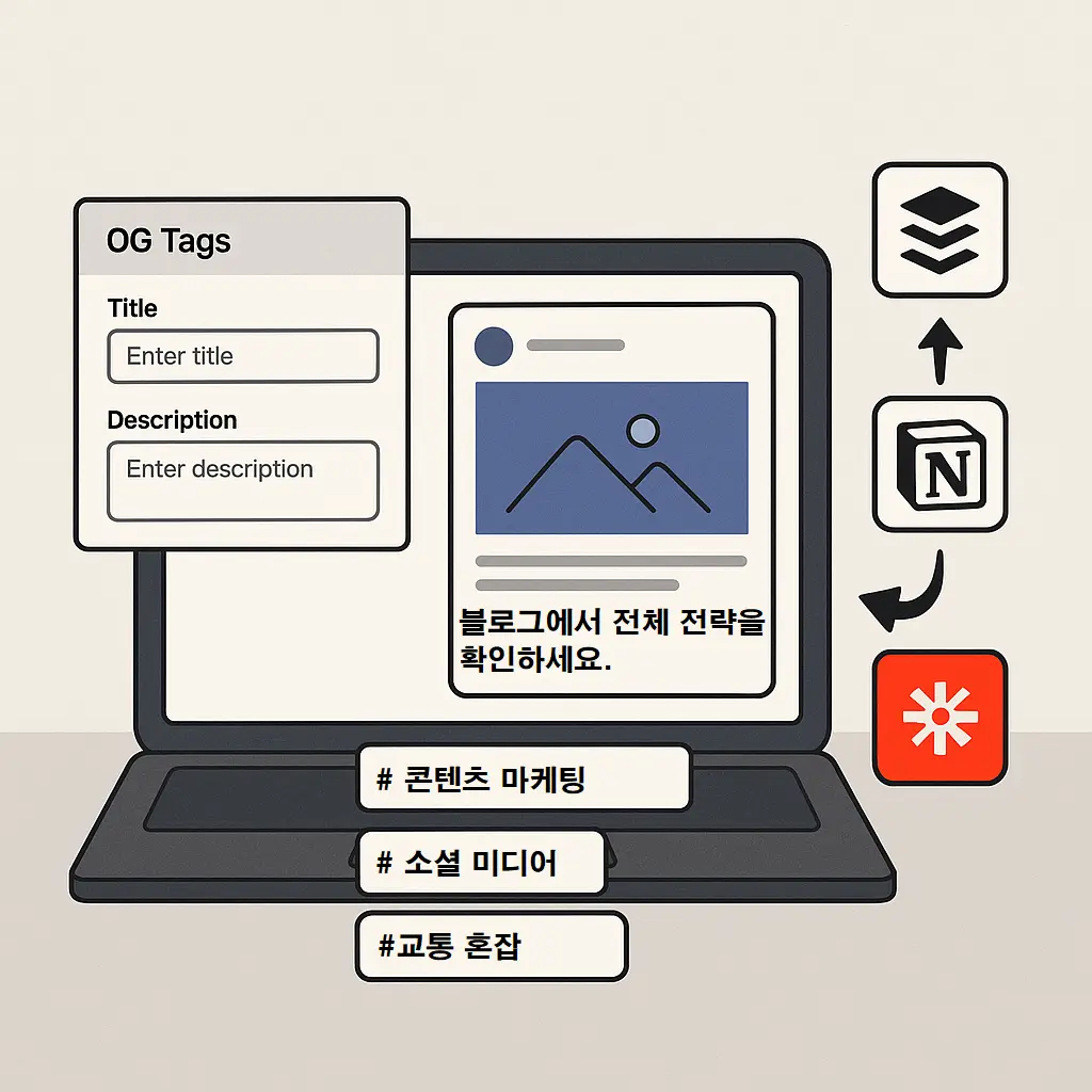 OG 태그, 해시태그, CTA 문구가 표시된 SNS 포스트 화면과 자동화 도구 아이콘이 함께 배치된 노트북 화면
