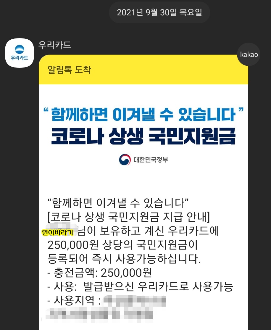 우리카드 재난지원금 사용방법 국가재난지원금 카톡 알림으로 우리카드에 4