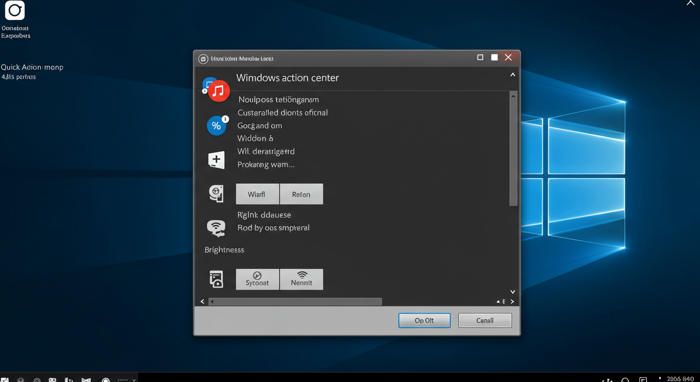 (Image Prompt: Screenshot focusing on the Windows 10 Action Center popped out from the bottom right corner. Clearly show the notification area at the top and the customizable Quick Action buttons (Wi-Fi, Brightness, etc.) at the bottom. Style: Informative screengrab.)