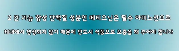 2 간 기능 향상 단백질 성분인 메티오닌은 필수 아미노산으로 체내에서 생성되지 않기 때문에 반드시 식품으로 보충을 해 주어야 합니다