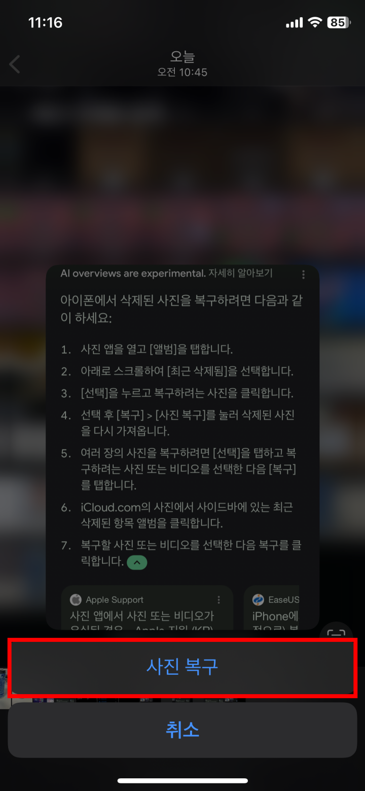 아이폰에서 삭제된 사진(영상) 복구 캡처화면 3