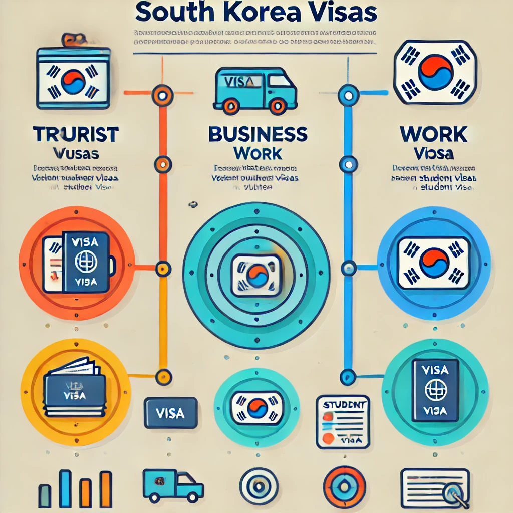 Chart showing different South Korea visa types, including tourist, business, work, and student visas.