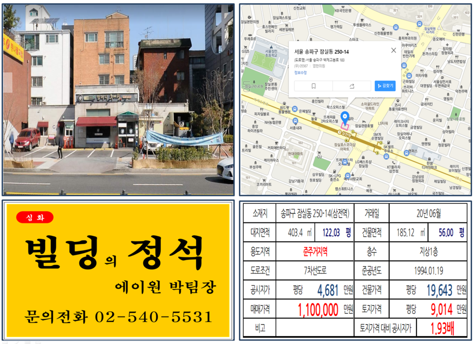  [송파구 9호선 역출구 앞 대로변 신축부지 실거래가 조회] 잠실동 250-14 (삼전역) 110억 원, 평당 9,014만 원, 7차선 대로변 백제고분로 역출구 신축부지