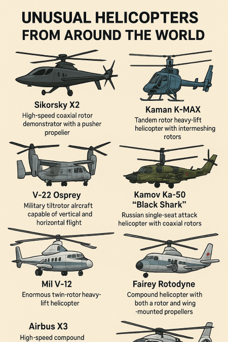 세계에서 가장 특이한 헬리콥터 7종을 보여주는 인포그래픽: 시코르스키 X2, K-MAX, V-22 오스프리, Ka-50, V-12, 로토다인, 에어버스 X3