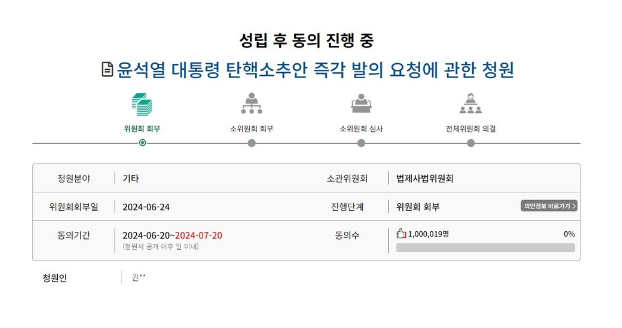 윤석열 대통령 탄핵 청원 100만명 돌파