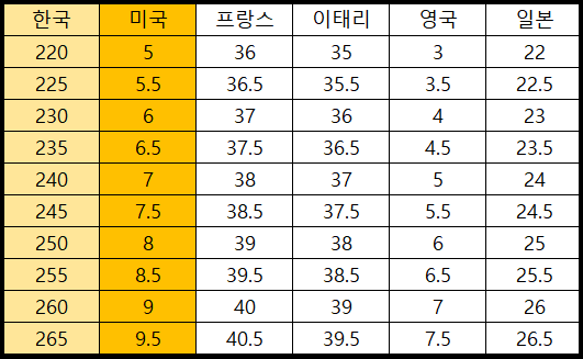 해외신발사이즈표