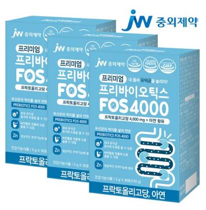 JW중외제약 프리미엄 프리바이오틱스 FOS 4000 플러스 아연 프락토올리고당 유산균&#44; 30포&#44; 3박스