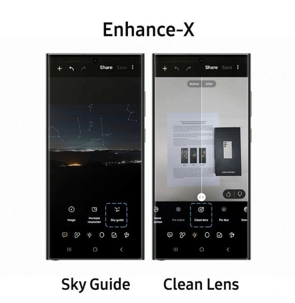 인핸스X(Enhance-X) 앱- 스카이 가이드(Sky Guide)(좌)&#44; 클린 렌즈(Clean Lens)
