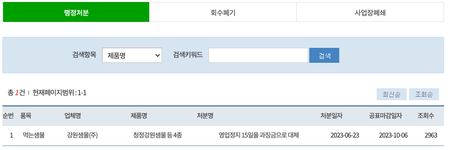 부적합 생수 목록 확인