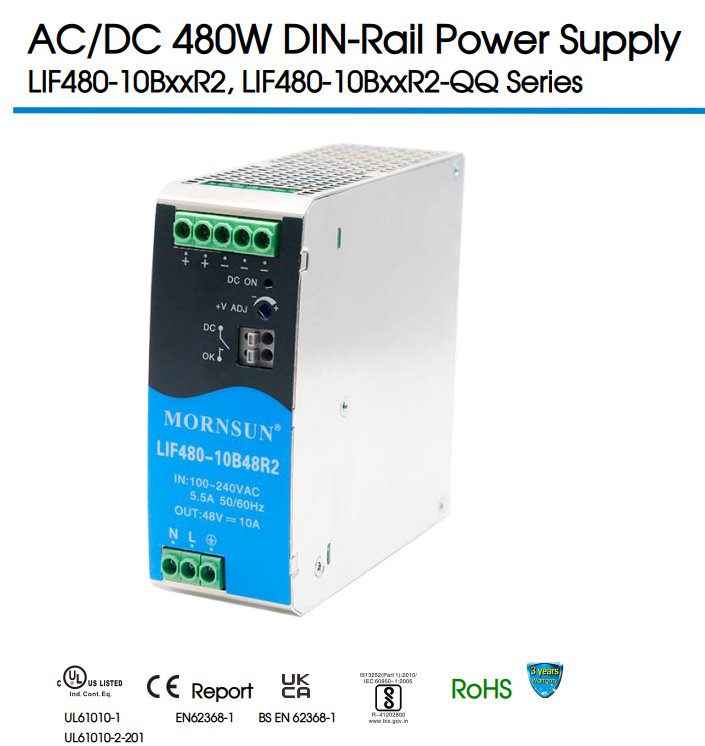  [유성테크] MORNSUN DIN-Rail 480W SMPS, LIF480-10BxxR2