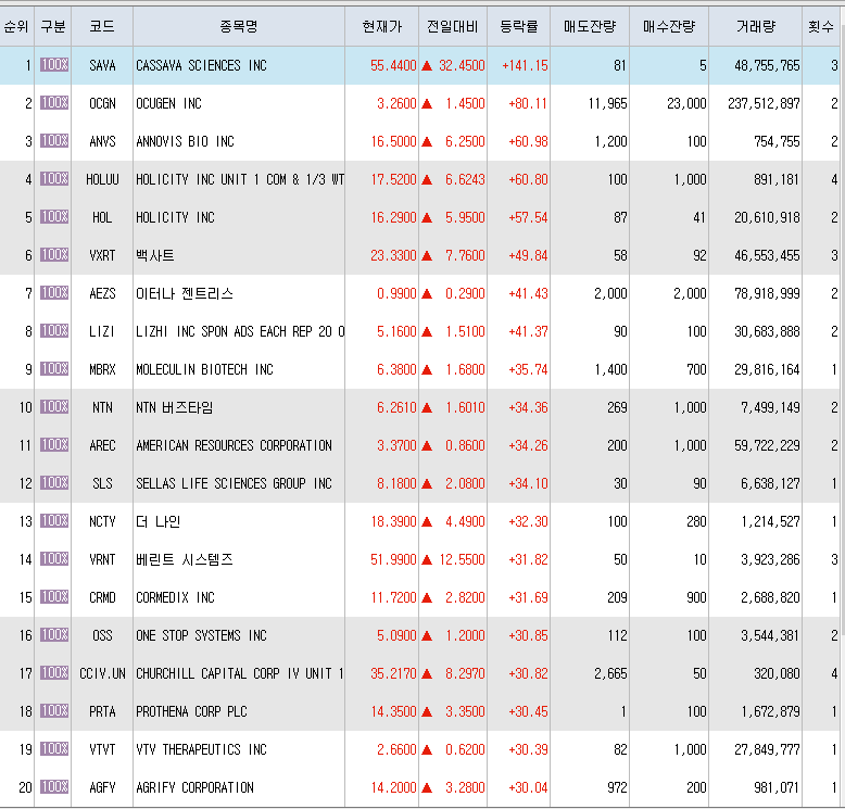  2월2일 미국주식 상승률 상위 종목 TOP 300