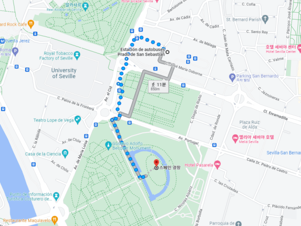 버스 터미널에서 스페인 광장으로 이동하는 경로가 표시된 구글 지도