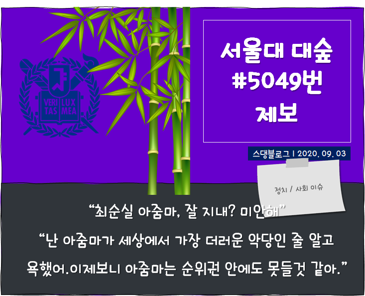  서울대 대나무숲 제보 #5049번 "최순실 아줌마, 잘 지내? 미안해"