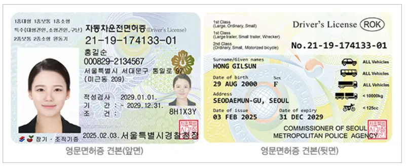 영문운전면허증의 앞면과 뒷면 예시 