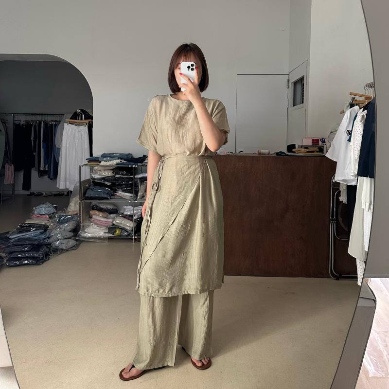 롱 랩 블라우스 원피스 밴딩 팬츠 세트