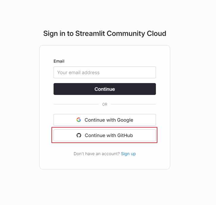 Streamlit Community Cloud 깃헙 로그인