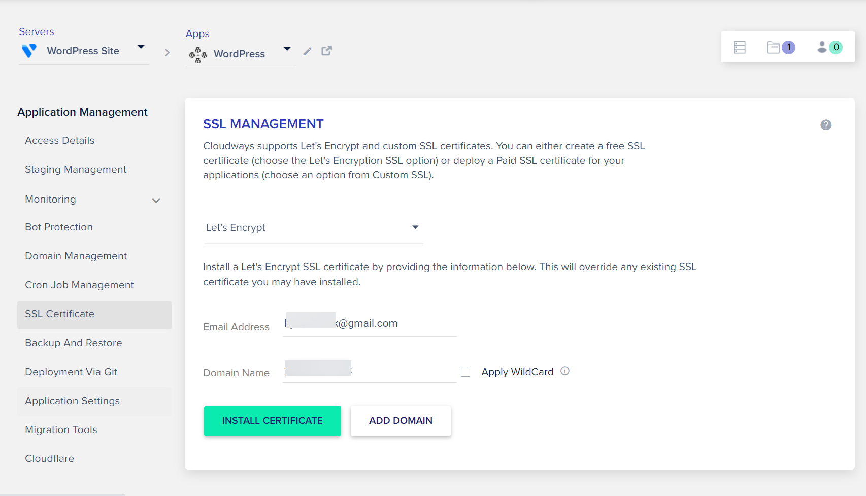 How to add a domain in Cloudways - Install SSL Certificate