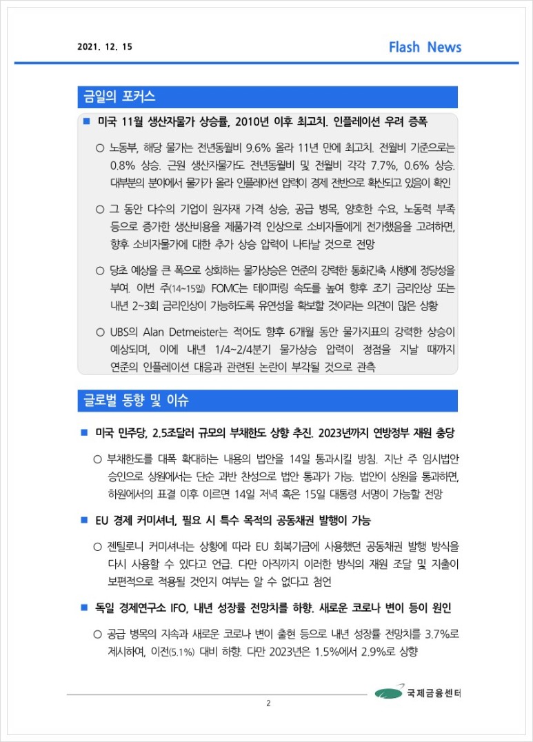 이후 최고치. 인플레이션 우려 증폭 등, 국제금융속보 [12.15] 미국 11월 생산자물가 상승률, 2010년 2