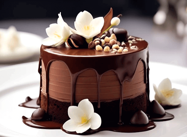 하얀 접시 위에 초콜릿 케이크가 있다. 케이크 위와 주변에는 하얀 꽃 4송이가 있다.