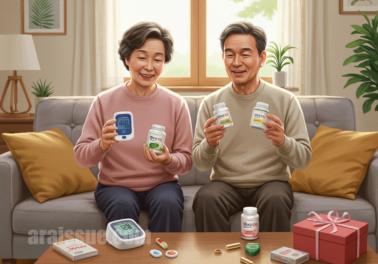 50대 부모님이 건강기기와 건강기능식품을 받고 기뻐하는 장면, 어버이날 선물의 의미