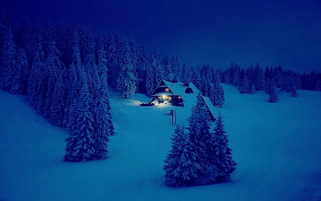 눈 쌓인 숲속에 있는 집에 불이 켜진 모습