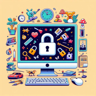 컴퓨터 화면 속 자물쇠와 주변에 다양한 디지털 아이콘들