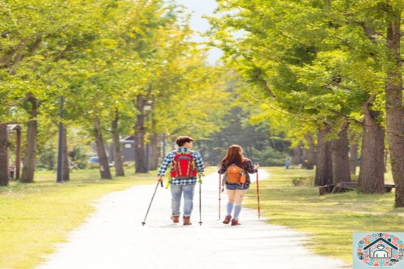 공원에서 걷기 운동을 하는 모습은 혈압 관리에 효과적입니다.