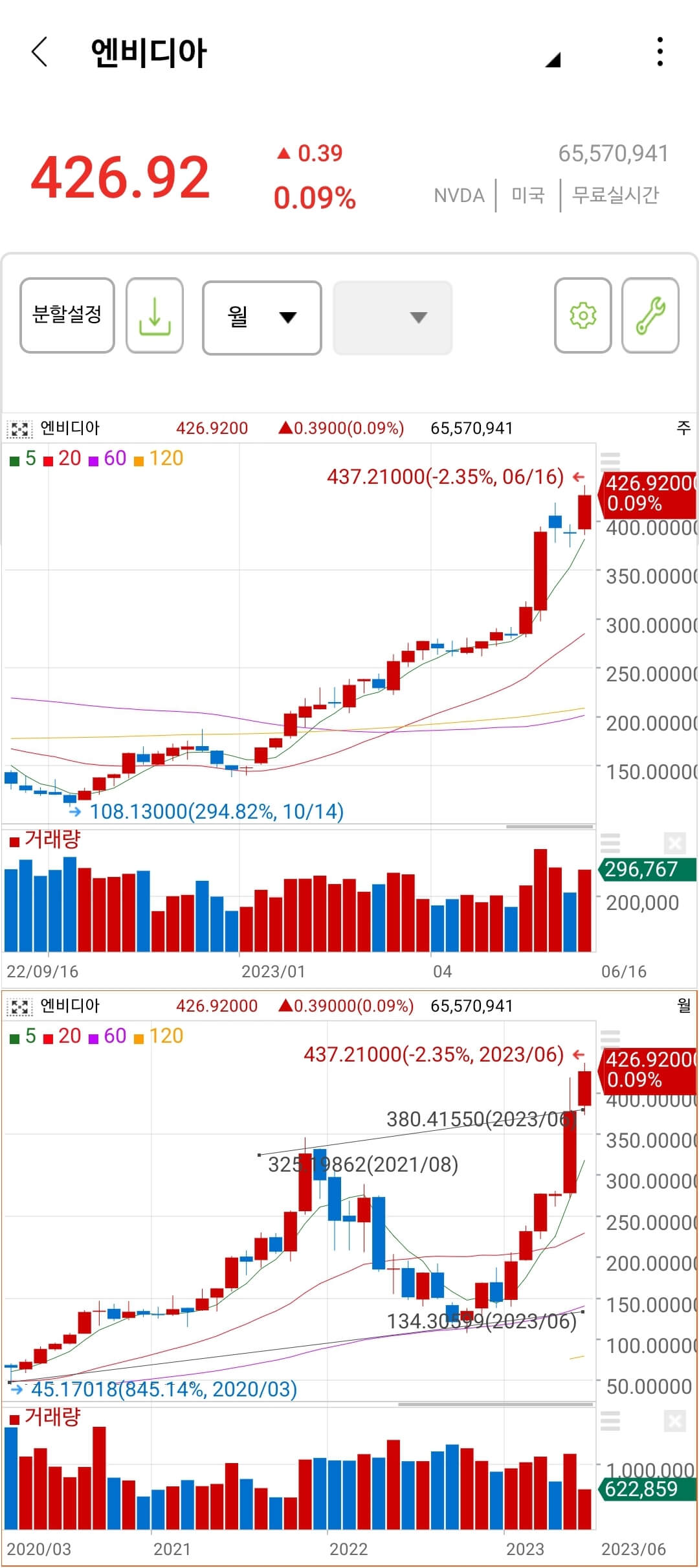 엔비디아-주봉차트-월봉차트