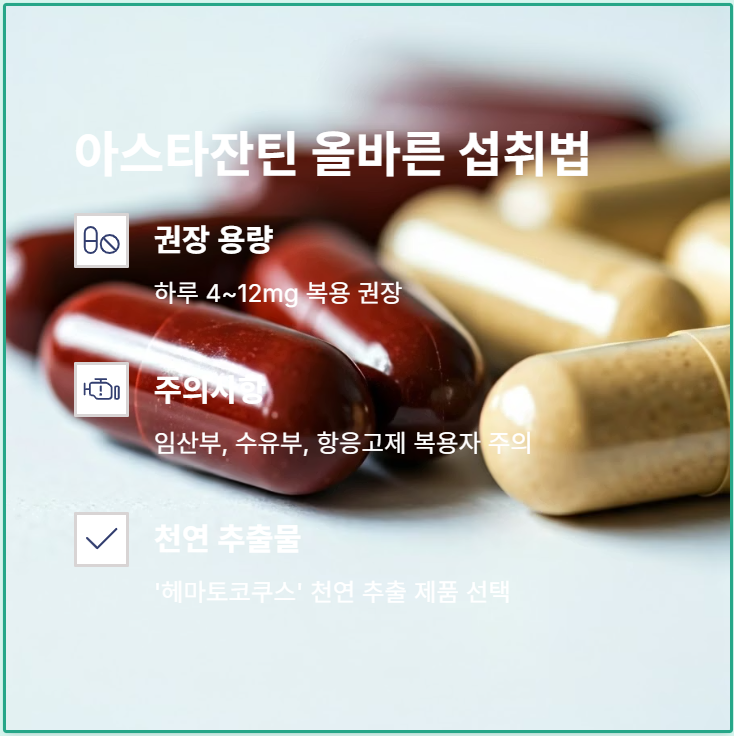 항산화 성분 아스타잔틴의 효능을 설명하는 인포그래픽 이미지, 피부 보호 및 세포 손상 방지 관련 시각 자료 포함