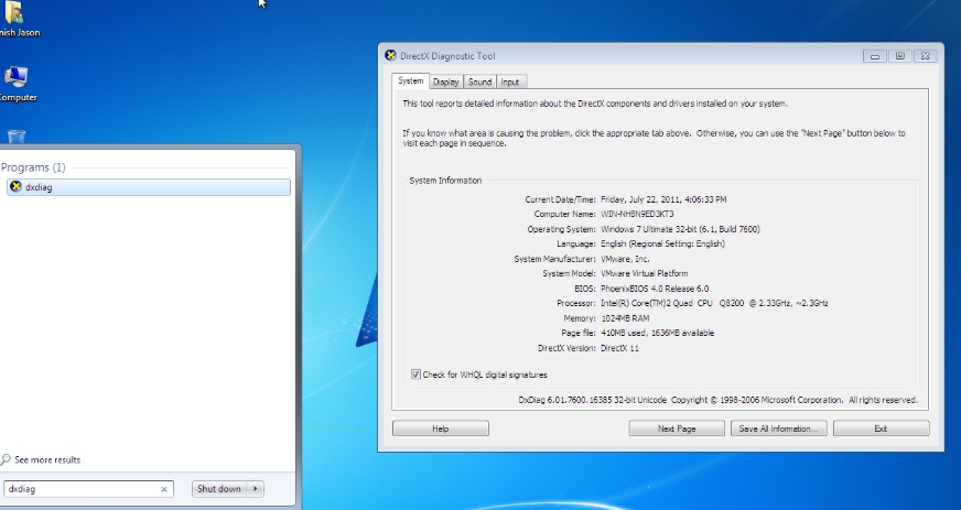 시작 메뉴에서 dxdiag를 입력해보세요.