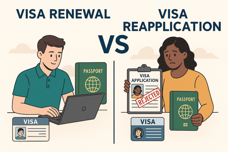 Illustration comparing U.S. visa renewal and visa reapplication process
