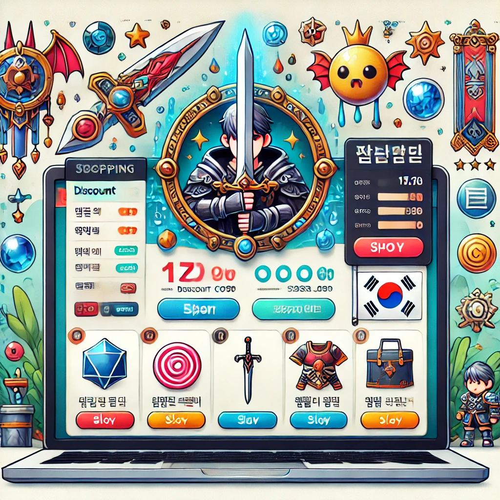 &quot;한국 MMORPG 게임 환경에서 아이템을 온라인으로 할인받아 구매하는 장면. 할인코드와 쿠폰이 화면에 표시되며, 검, 갑옷, 마법 아이템 아이콘이 배경에 있는 디지털 일러스트.&quot;